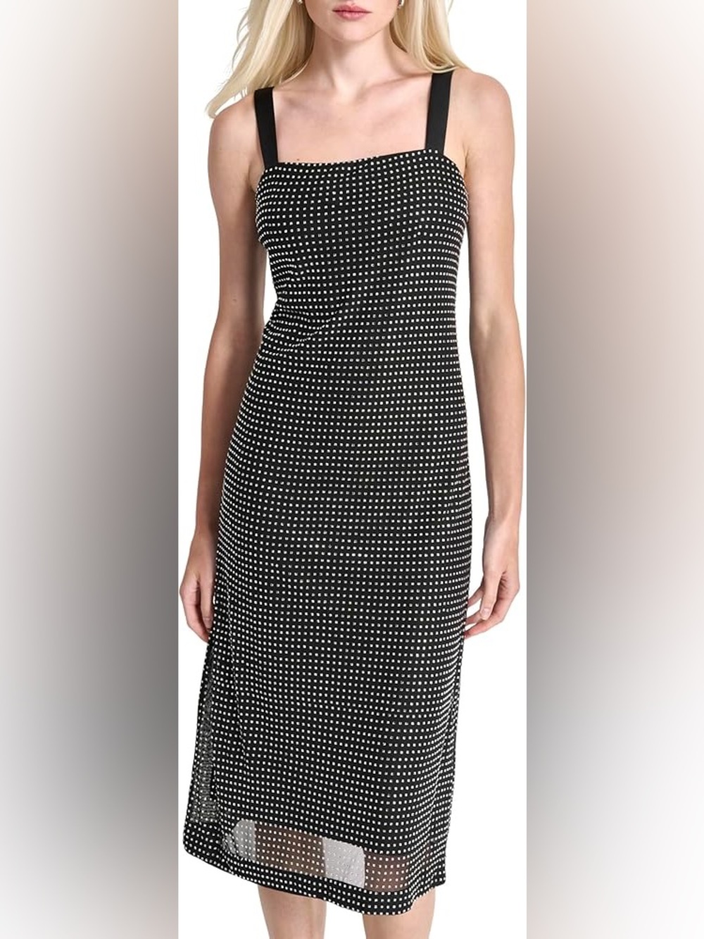 DKNY Women's Sleeveless Jewel Neck Mesh Heatset Overlay Midi Dress